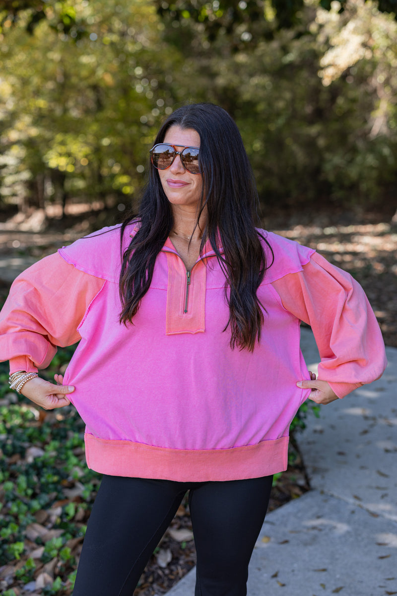 neon pink coral quarter zip pullover