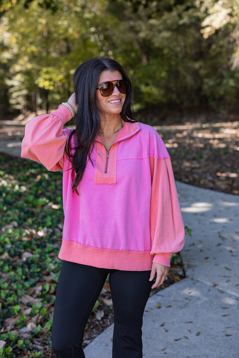 neon pink coral quarter zip pullover