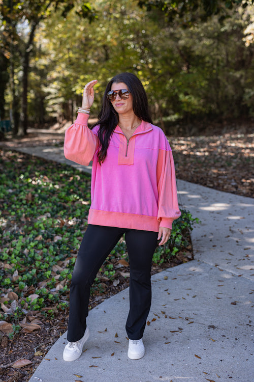 neon pink coral quarter zip pullover