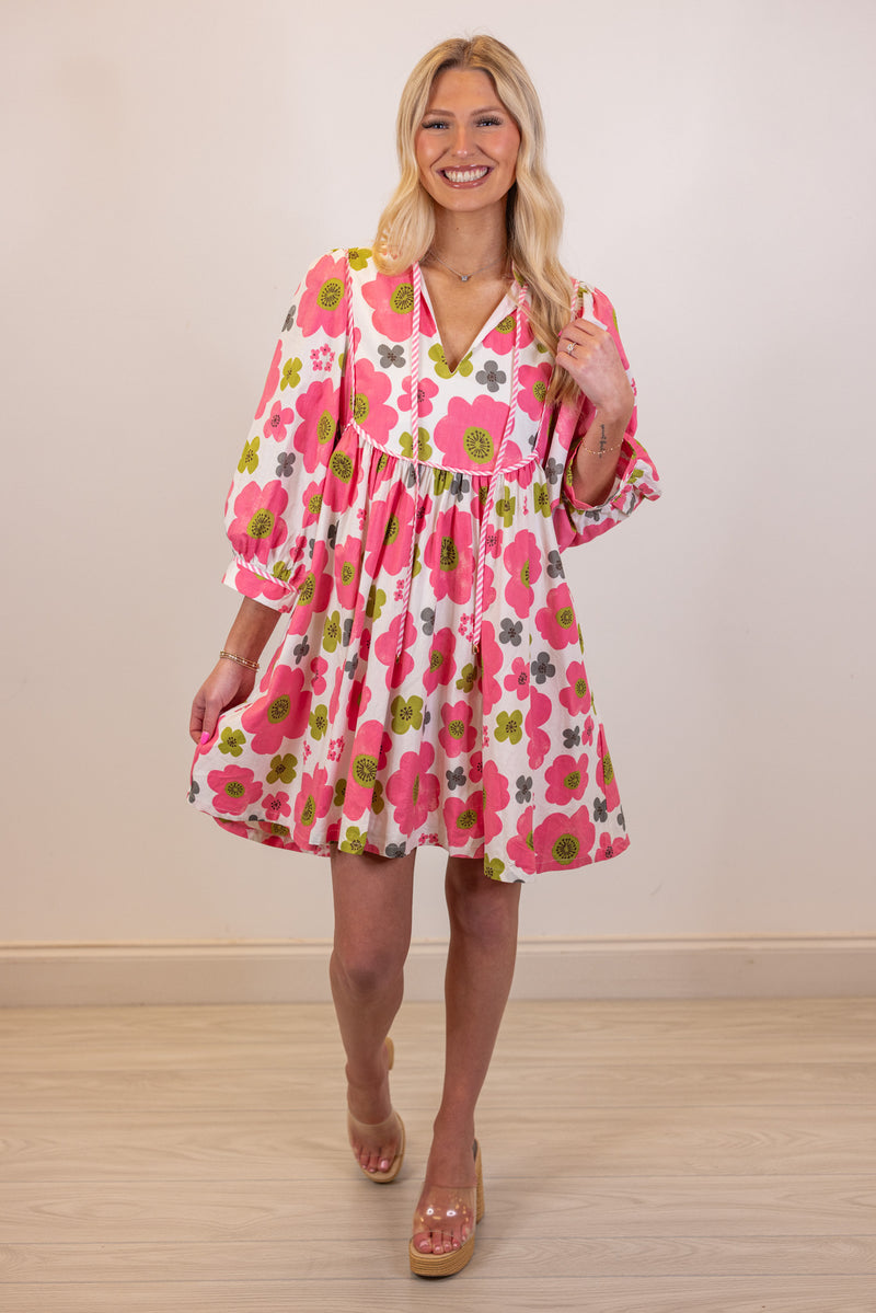 neon pink floral babydoll mini dress