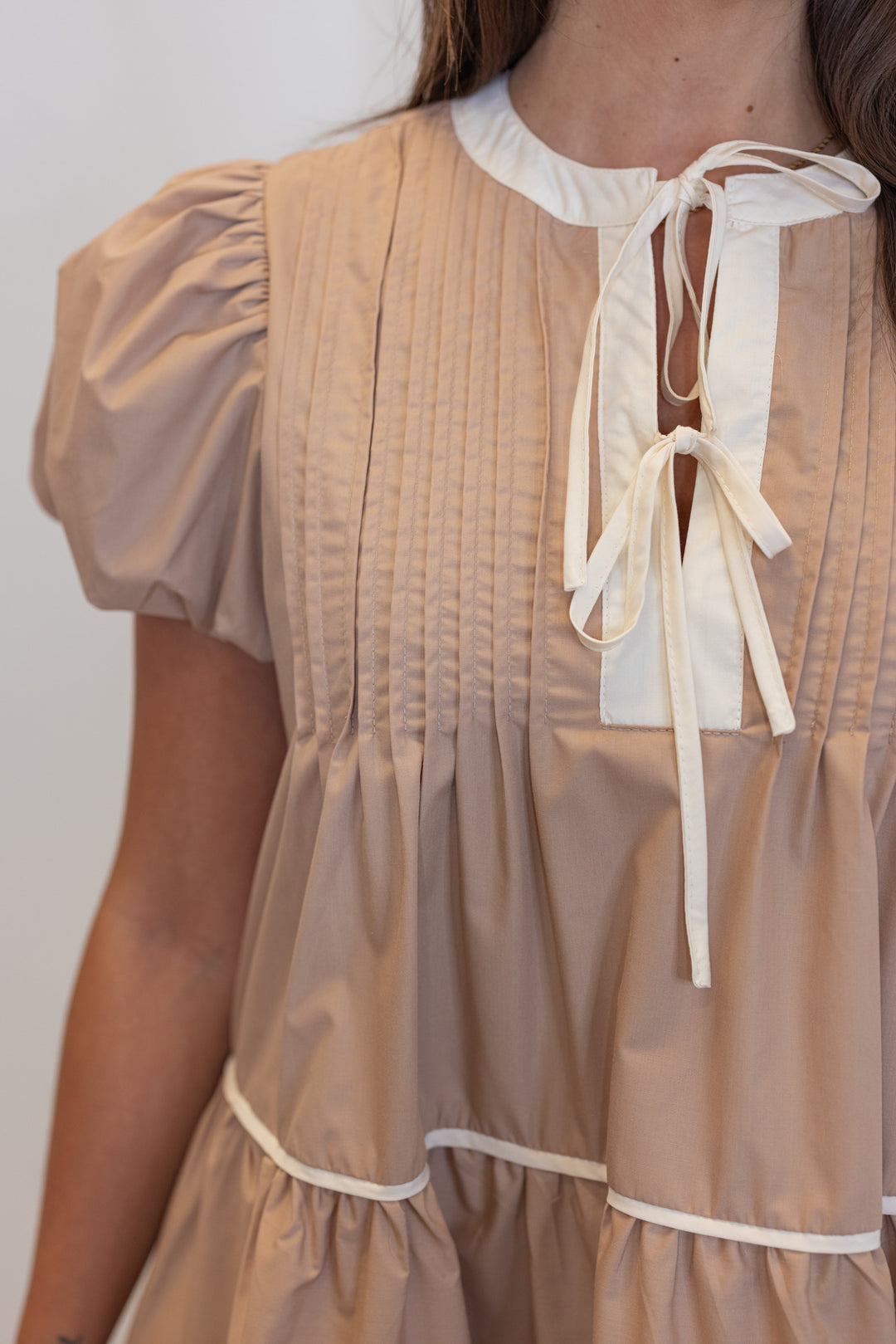 taupe white trim babydoll short dress