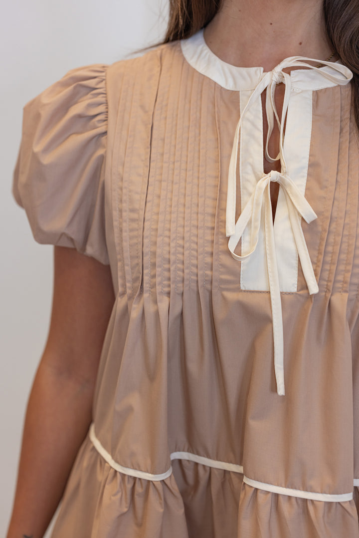 taupe white trim babydoll short dress