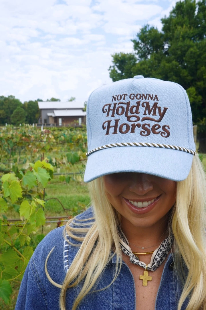 not gonna hold my horses denim trucker hat womens