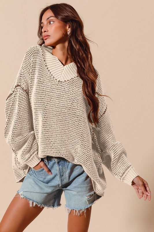 So Me Oatmeal and mocha two toned v neck oversized sweater