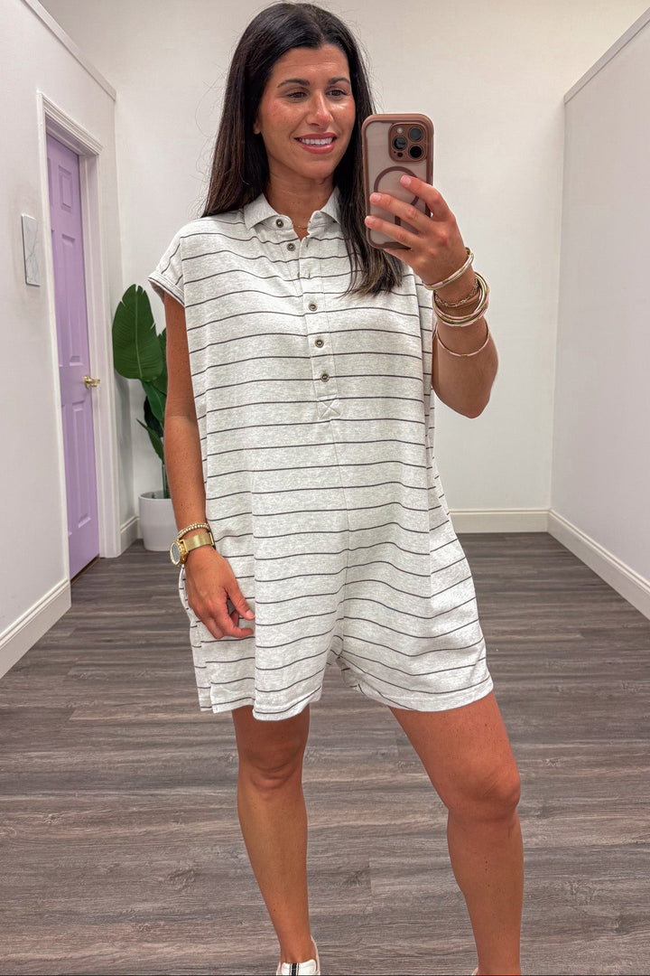 oatmeal and brown striped button front polo style collared neckline sleeveless knit romper