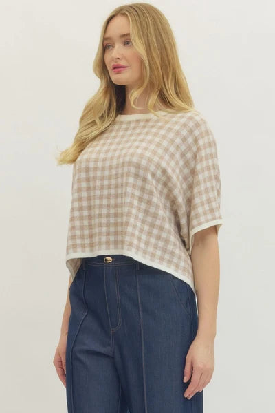 oatmeal gingham knit top entro