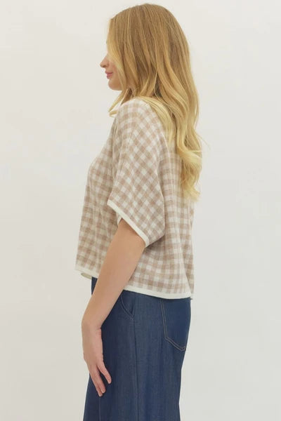 oatmeal gingham knit top short