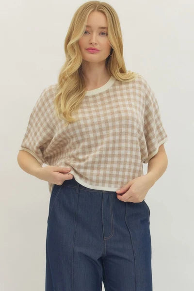oatmeal gingham knit top