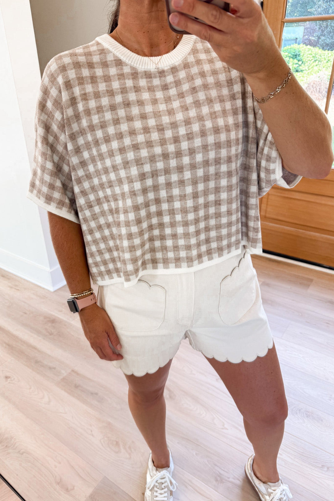 oatmeal gingham knit top details