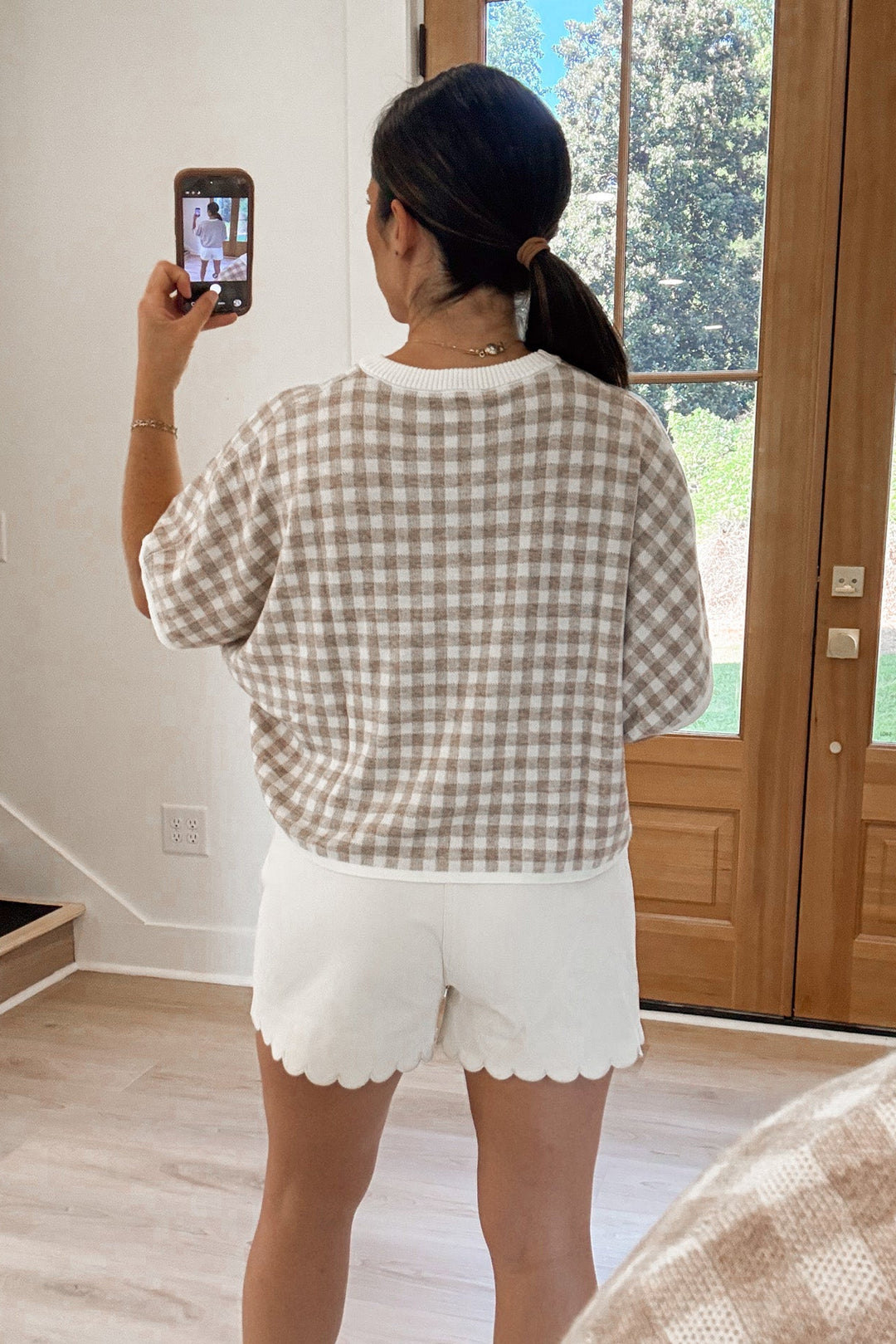 oatmeal gingham knit top back
