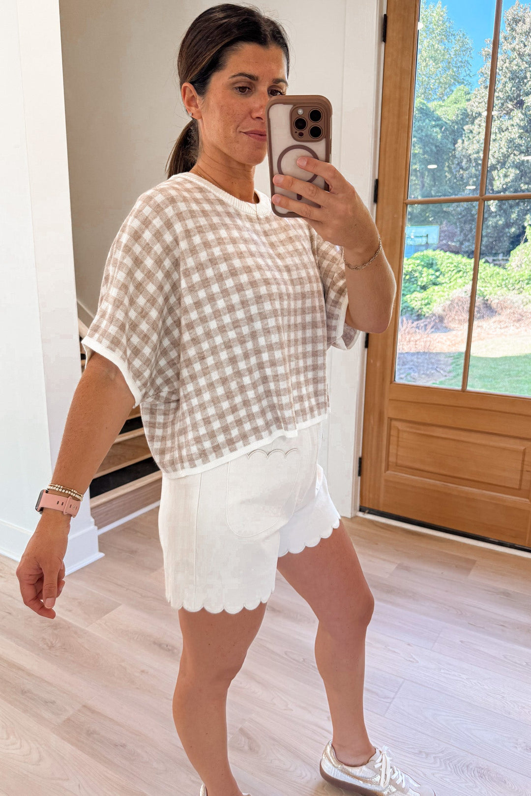 oatmeal gingham knit top lightweight