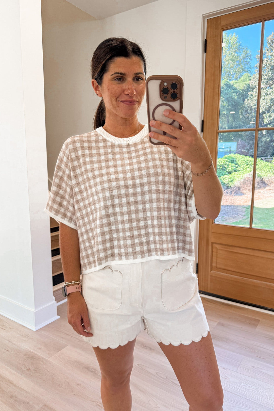 oatmeal gingham knit top