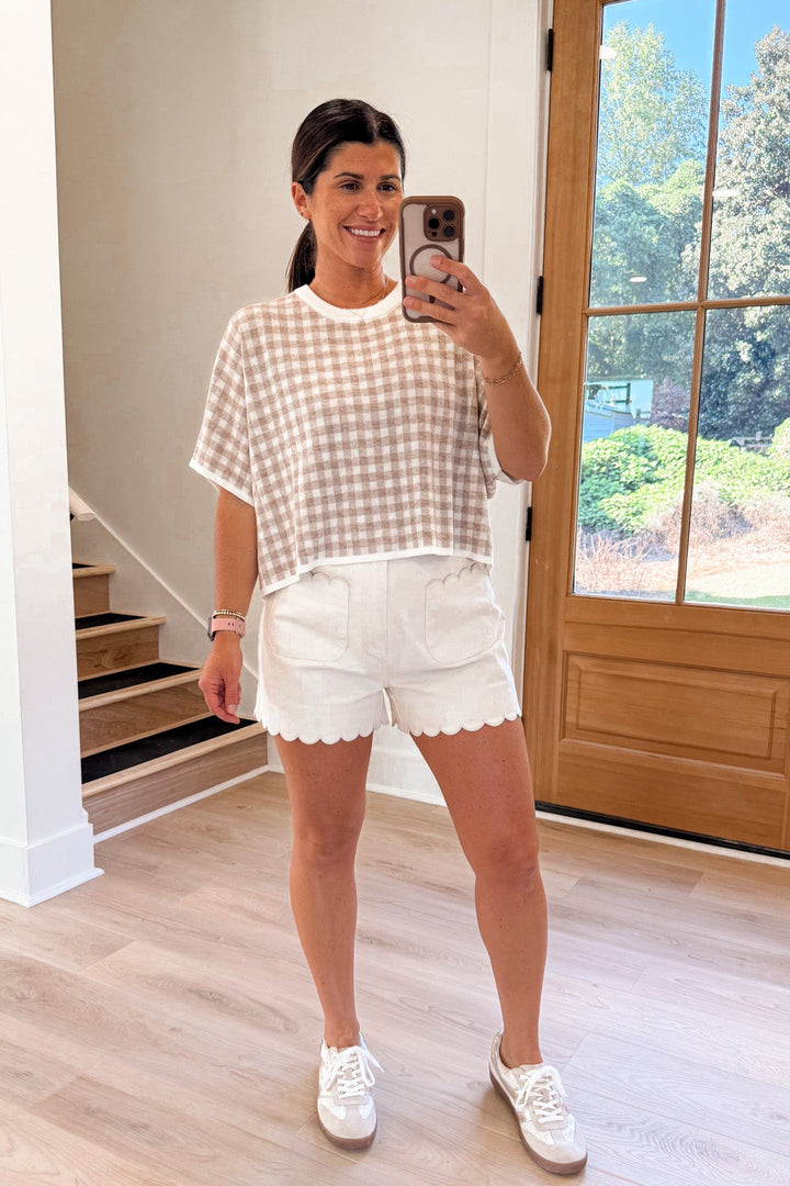 oatmeal gingham knit top entro