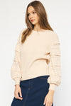 Entro Oatmeal ribbed knit sweater with textured and ruffle accented sleeves