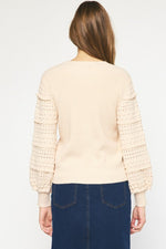 Entro Oatmeal ribbed knit sweater with textured and ruffle accented sleeves