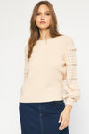 Entro Oatmeal ribbed knit sweater with textured and ruffle accented sleeves