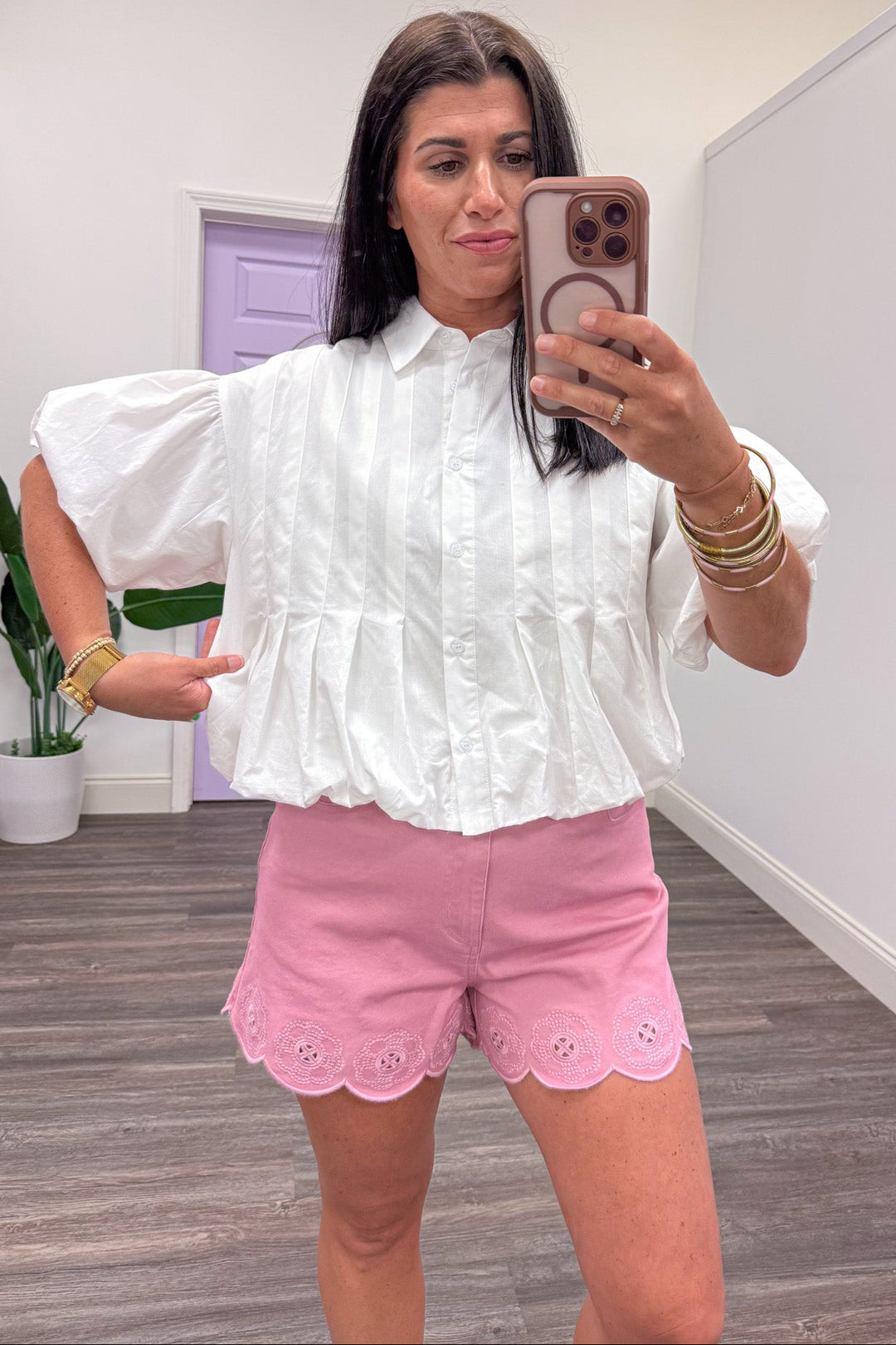 solid off-white button down bubble hem top relaxed silhouette