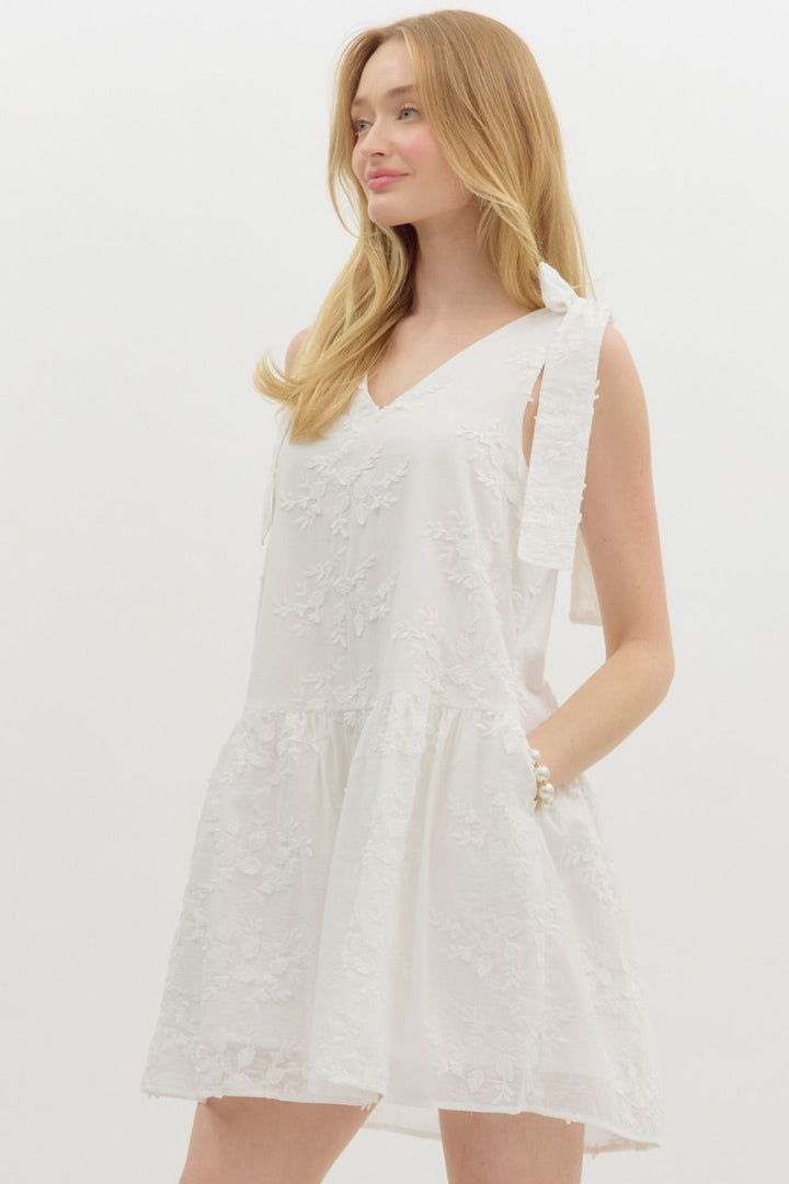 Entro Off white sleeveless dress with off white embroidered floral print