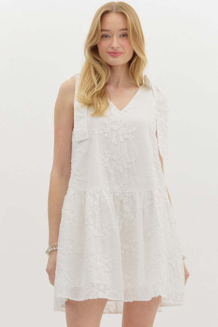 Entro Off white sleeveless dress with off white embroidered floral print