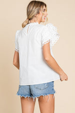 Jodifl Off white top with layered ruffle puff sleeves and eyelet details