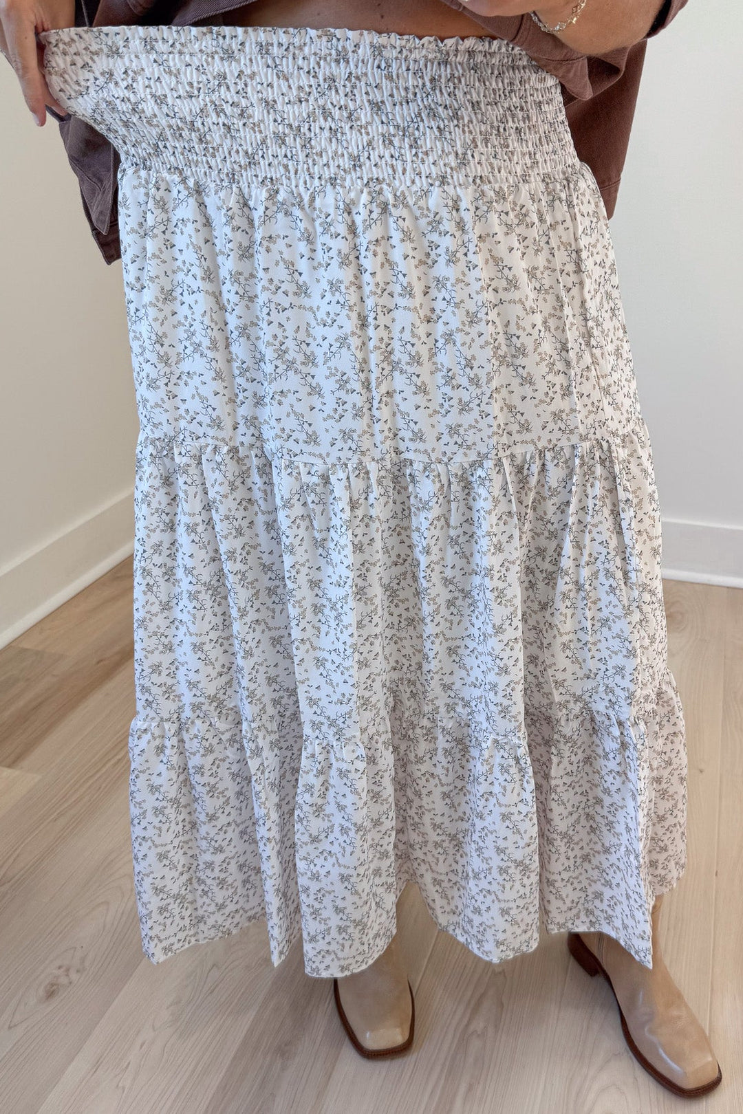 off white with taupe and dark olive floral print elastic waist tiered lightweight midi skirt