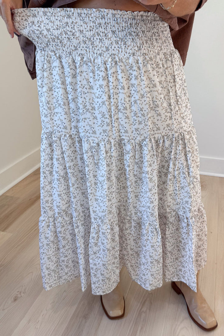 off white with taupe and dark olive floral print elastic waist tiered lightweight midi skirt