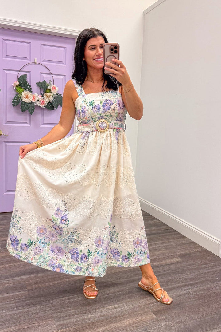 cream eyelet sleeveless midi dress with lavender and teal floral print with pockets