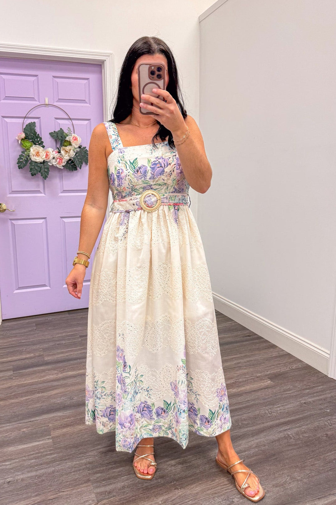 Women's cream eyelet sleeveless midi dress with lavender and teal floral print