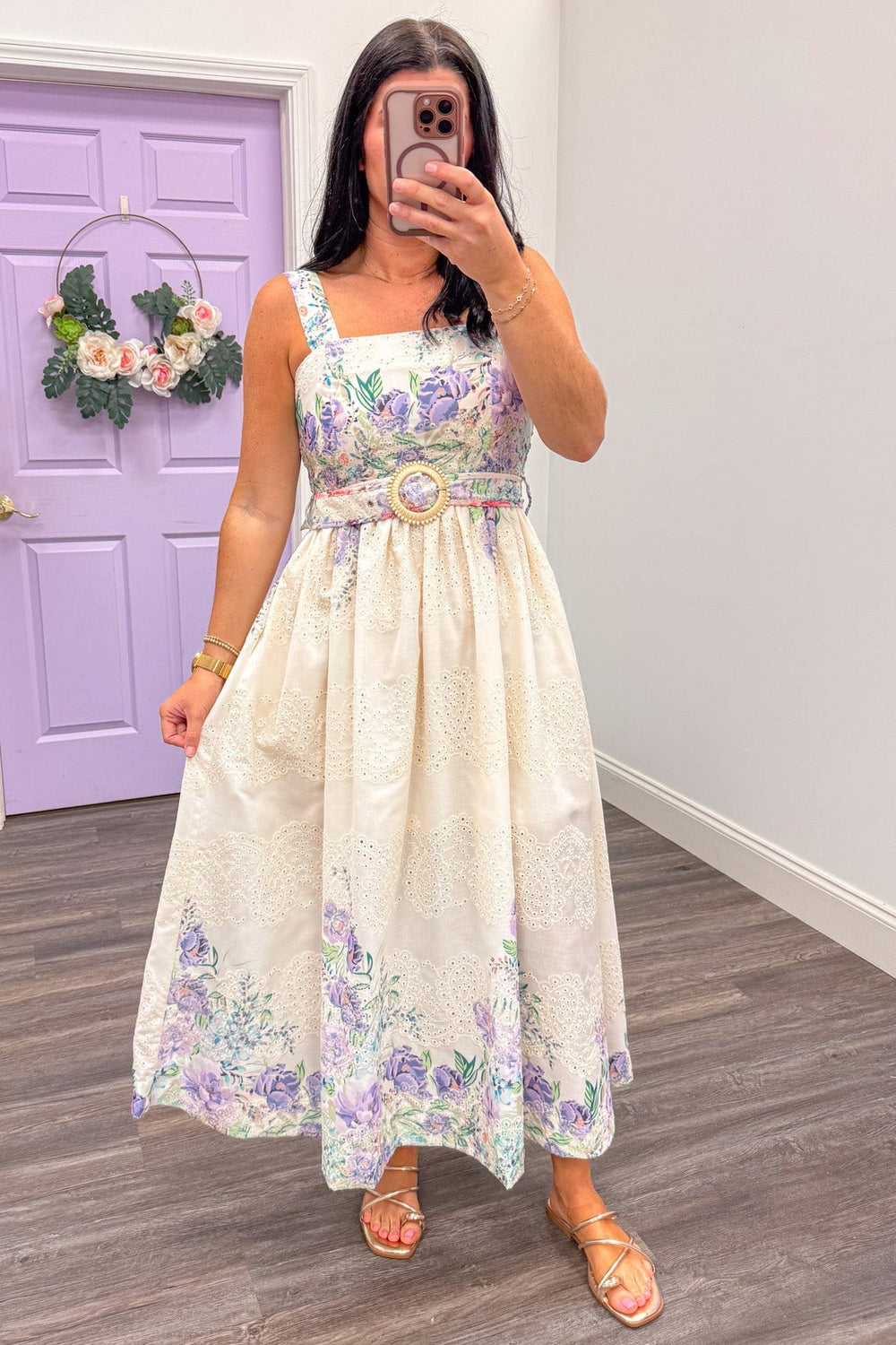 cream eyelet sleeveless belted midi dress with lavender and teal floral