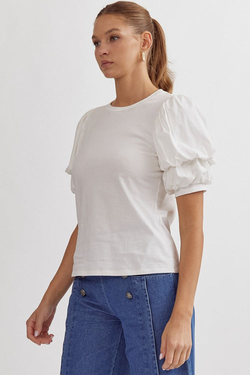 Entro off white blouse with ruched puff sleeves