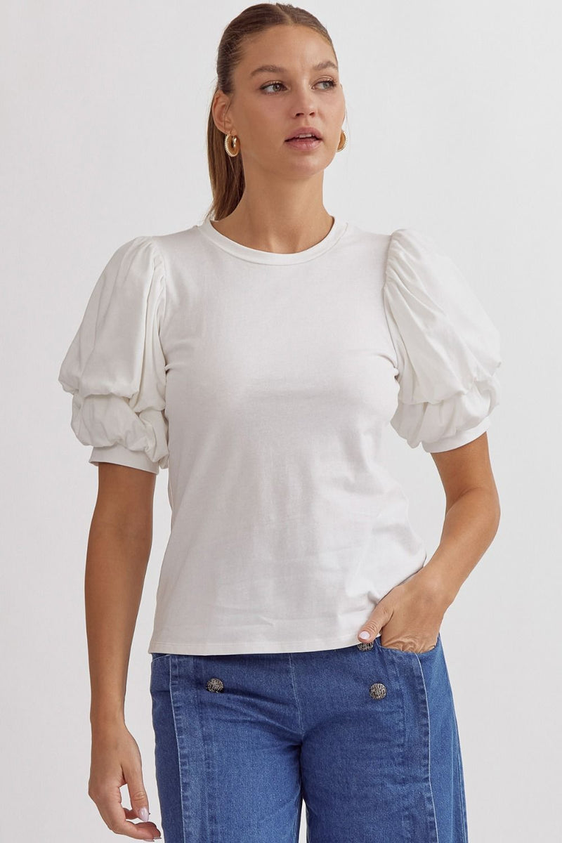 Entro off white blouse with ruched puff sleeves