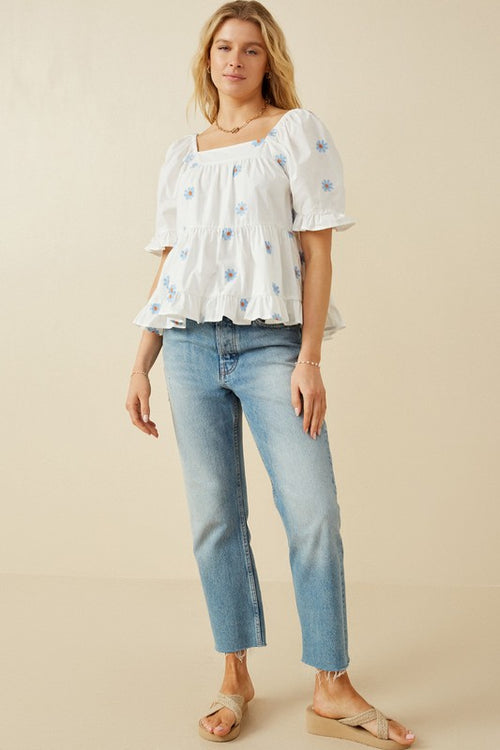 Hayden Los Angeles Off white tiered top with blue embroidered daisies