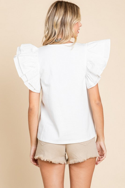 Jodifl Off white top with ruffle layered puff sleeves