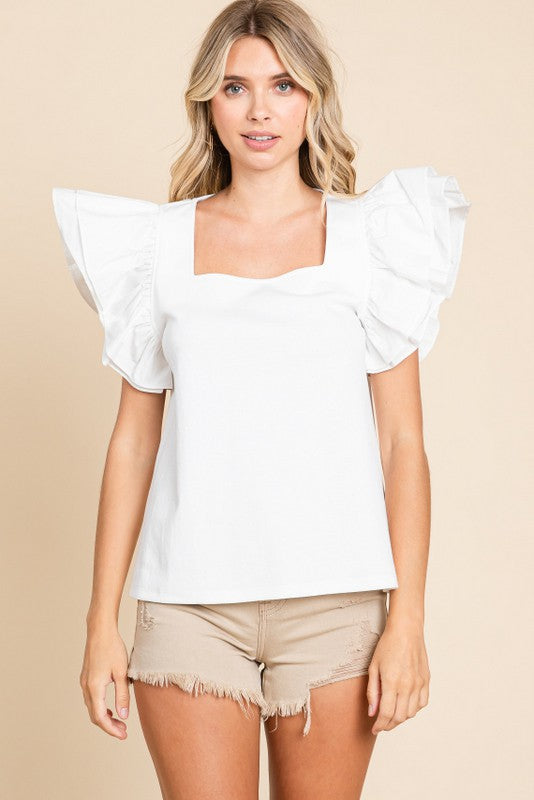 Jodifl Off white top with ruffle layered puff sleeves