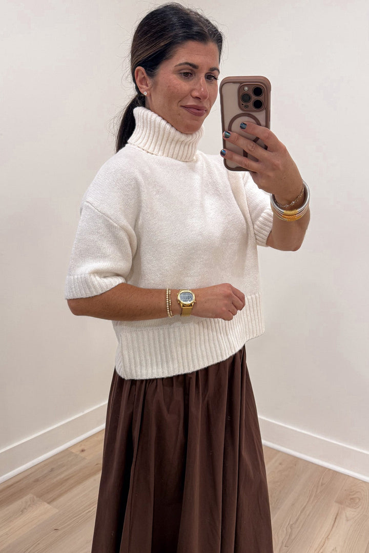 solid off-white turtleneck drop shoulder short sleeve semi-cropped knit sweater top