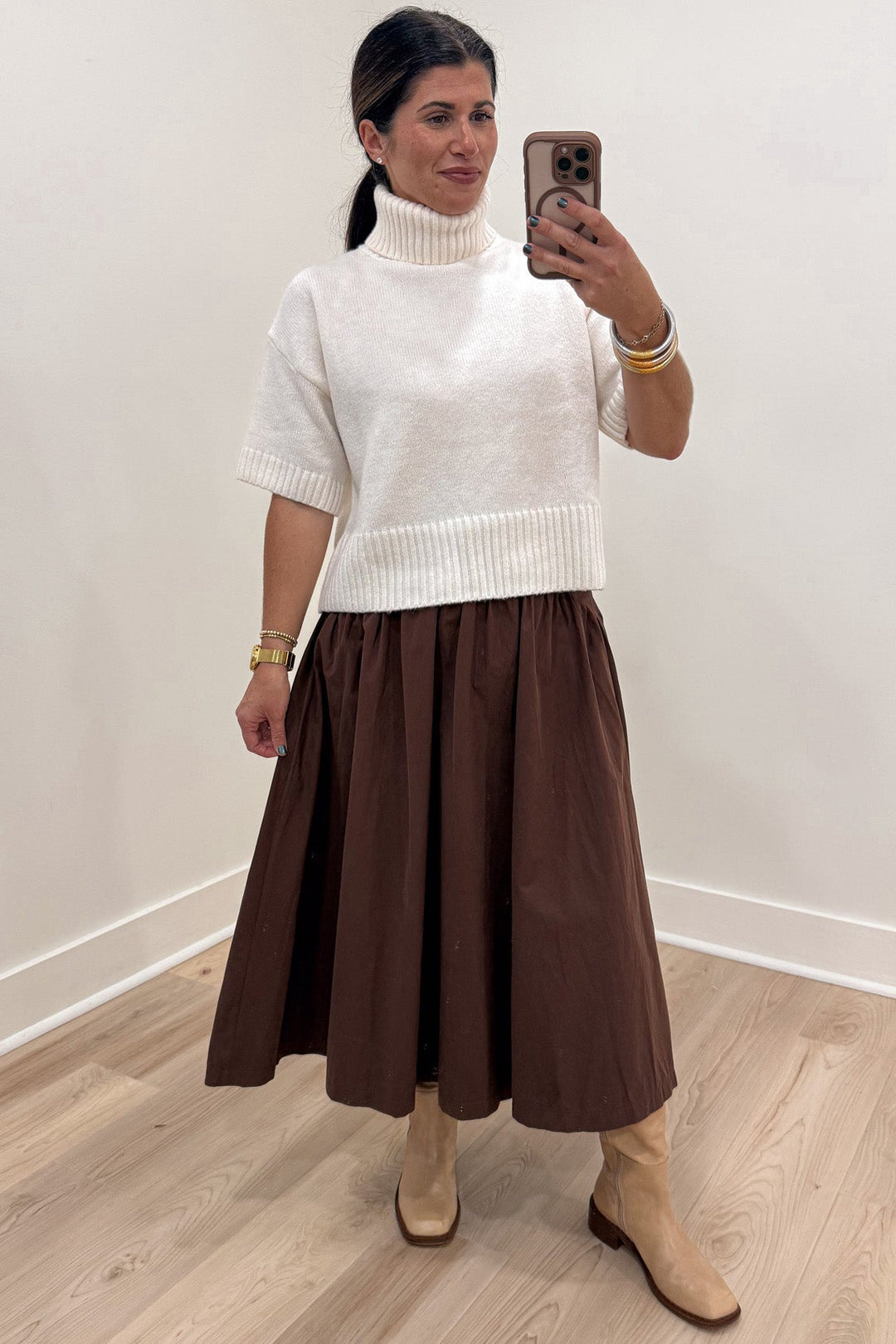 solid off-white turtleneck short sleeve ribbed trim semi-cropped knit sweater top