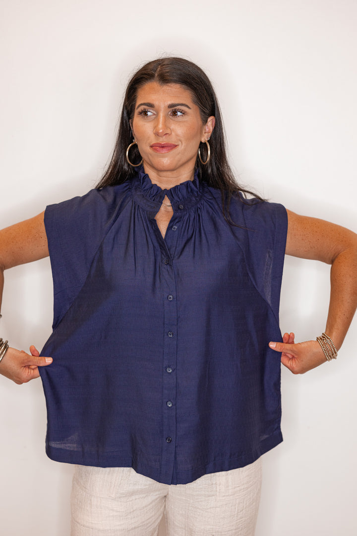 women's navy linen blouse