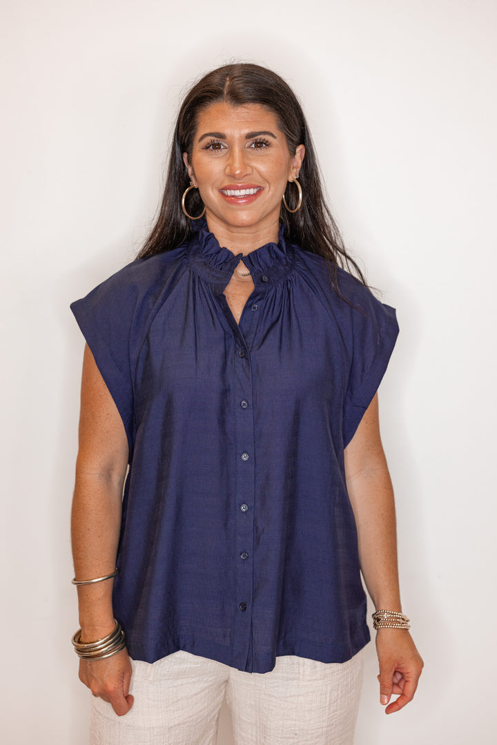 women's navy linen blouse
