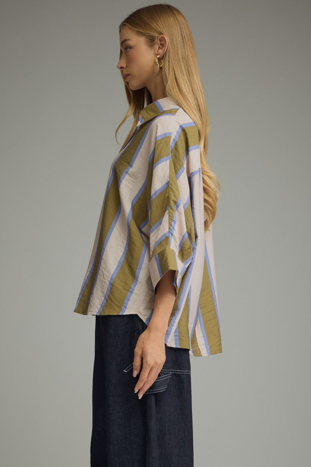Entro olive, cream and blue striped button down dolman top with rounded bottom hem