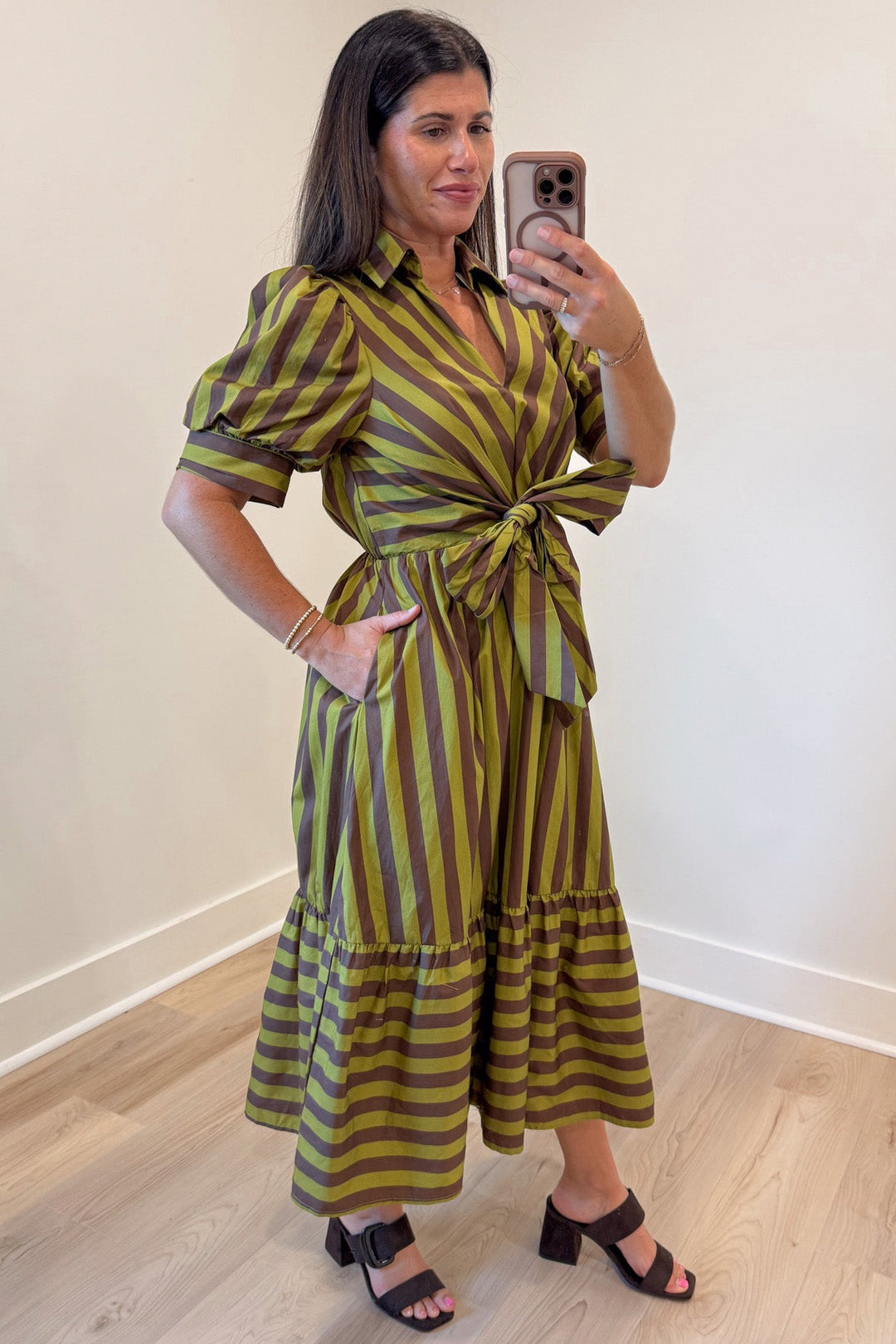 light olive green and brown striped puff sleeve ruffled hem cotton poplin midi dress with side pockets