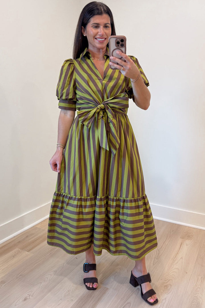 light olive green and brown striped puff sleeve ruffled hem cotton poplin midi dress