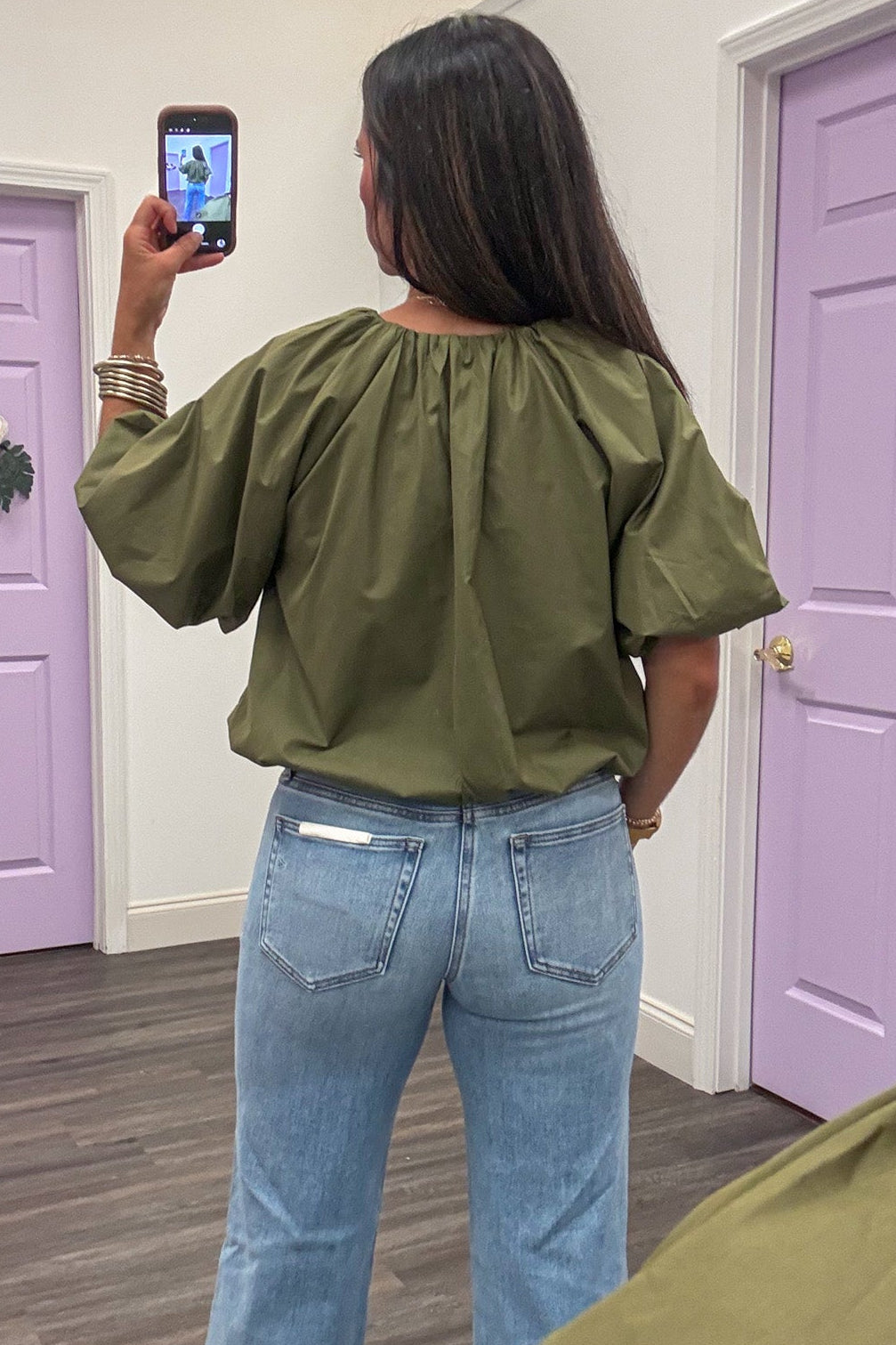 solid olive green self-tie v neckline bubble bottom hem semi-cropped top