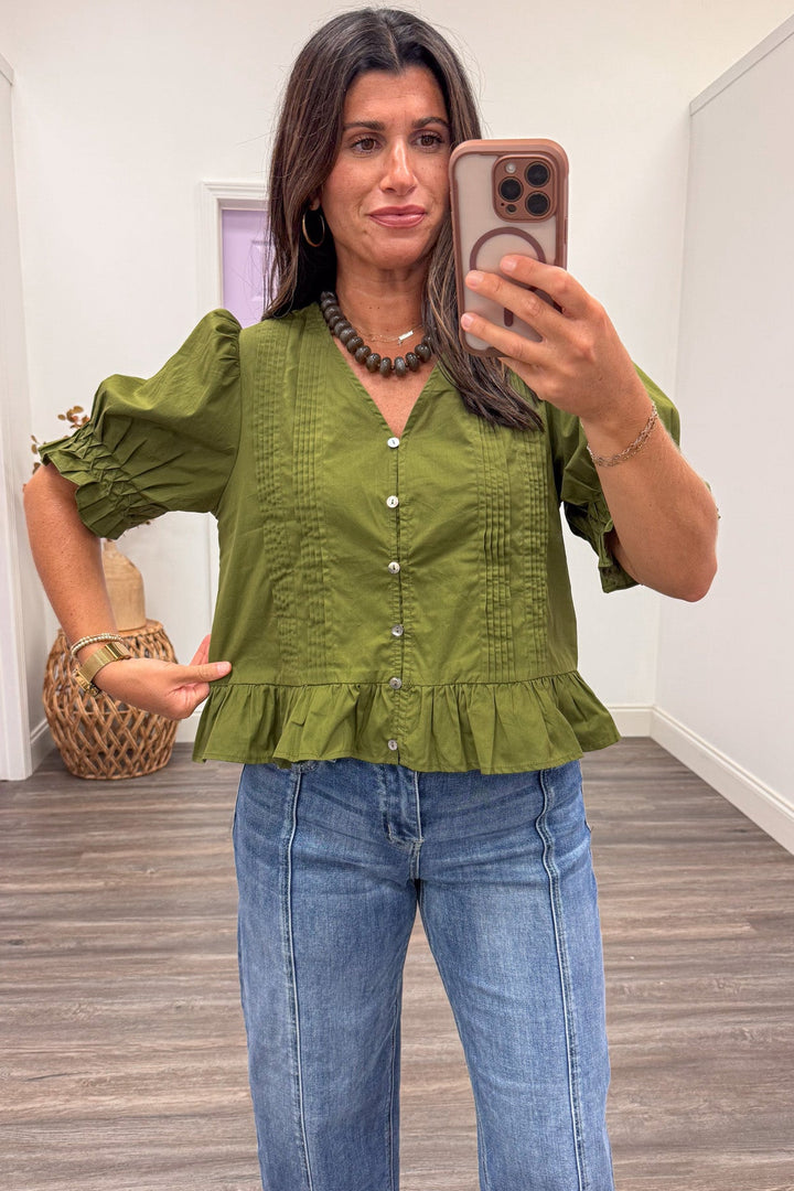 solid olive green button front peplum style relaxed silhouette semi-cropped cotton poplin top