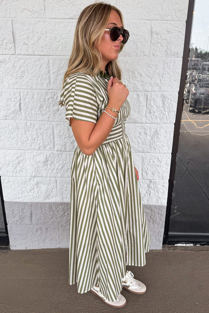 olive green and cream striped collared neckline zipper front closure short sleeve midi dress