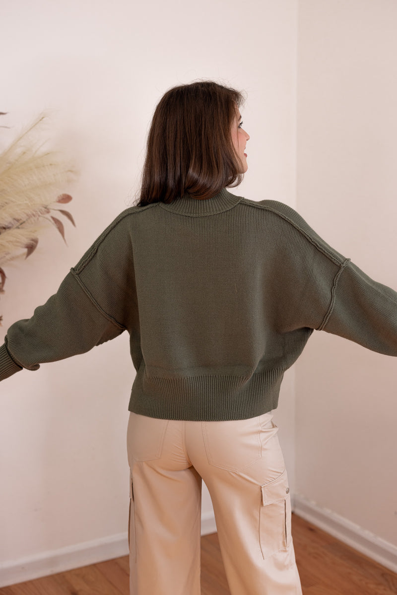 olive green mock neck cropped sweater