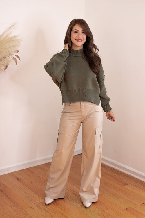 olive green mock neck cropped sweater