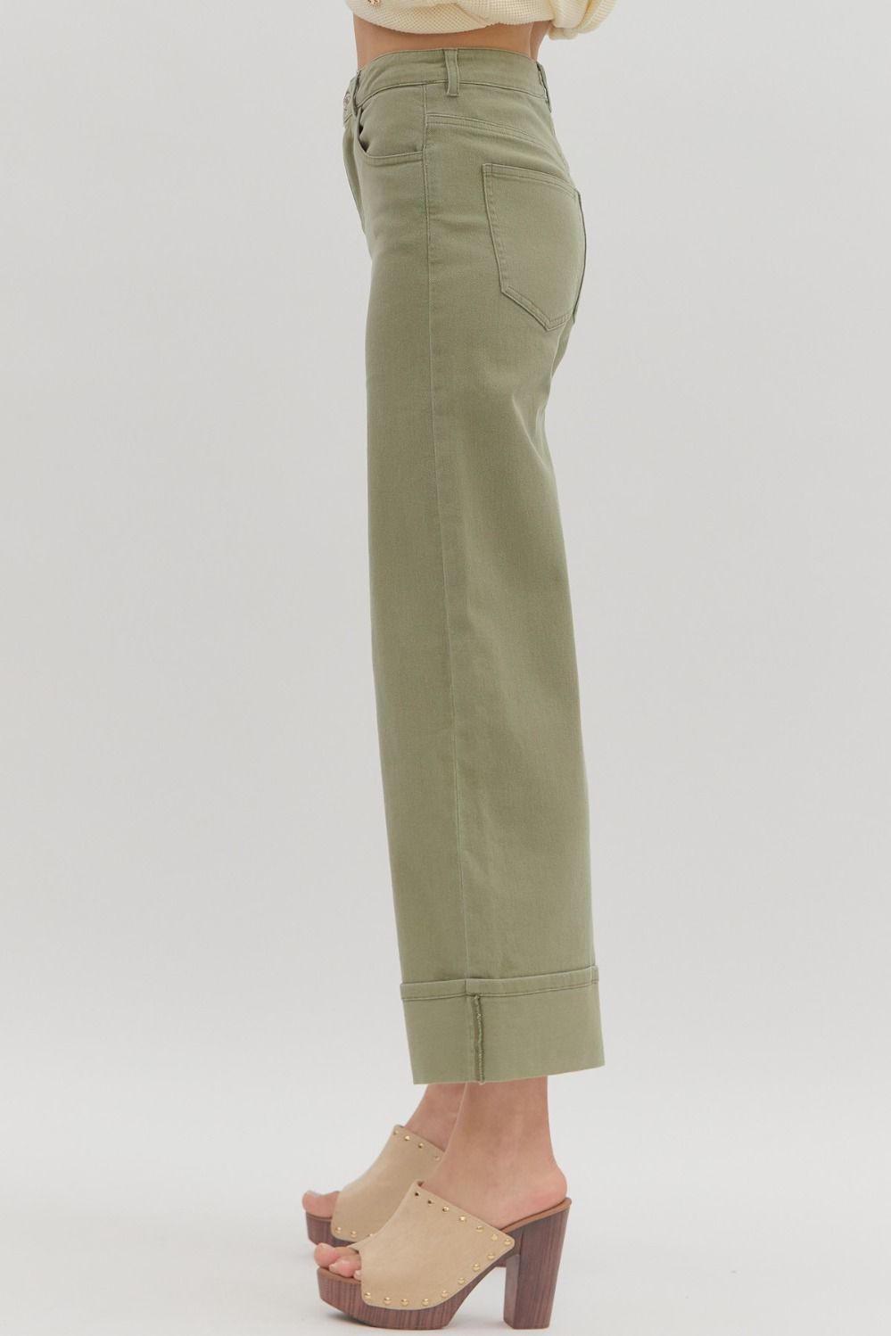 Women's washed olive green twill denim cropped ankle pants by Entro showing side view