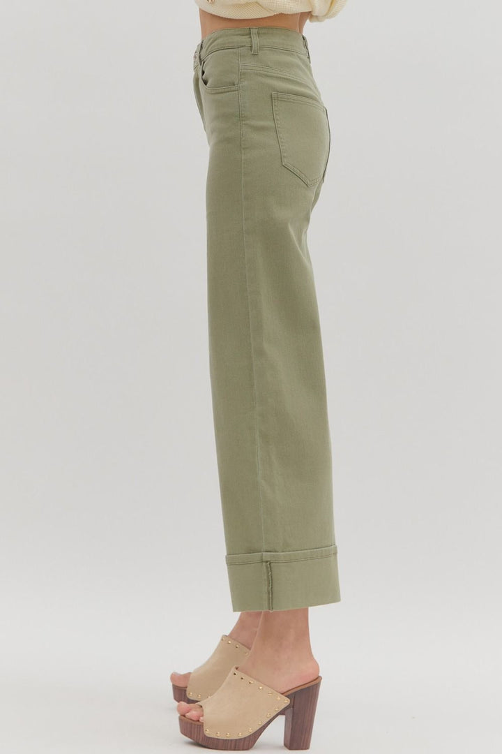 Women's washed olive green twill denim cropped ankle pants by Entro showing side view