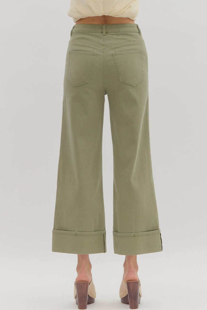 Women's washed olive green twill denim cropped ankle pants by Entro showing back view