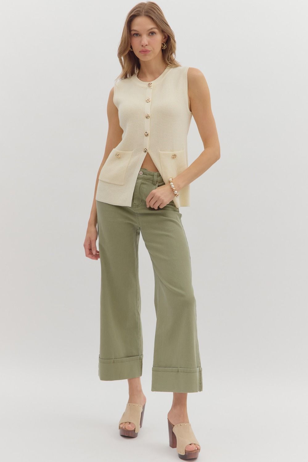 Women's washed olive green twill denim cropped ankle pants by Entro showing full front view